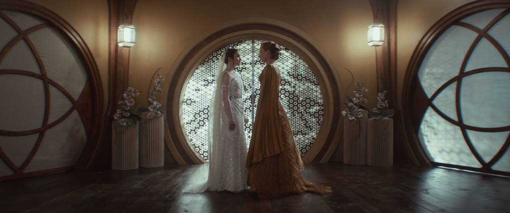 ANDOR SEASON 2 (L-R) Leida Mothma (Bronte Carmichael) and Mon Mothma (Genevieve O'Reilly) in Lucasfilm's ANDOR Season 2, exclusively on Disney+. Photo courtesy of Lucasfilm. ©2025 Lucasfilm Ltd. & TM. All Rights Reserved.