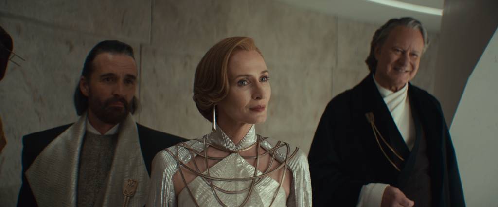 ANDOR SEASON 2 (L-R) Perrin Fertha (Allistair Mackenzie), Mon Mothma (Genevieve O'Reilly) and Luthen Rael (Stellan Skarsgård) in Lucasfilm's ANDOR Season 2, exclusively on Disney+. Photo courtesy of Lucasfilm. ©2025 Lucasfilm Ltd. & TM. All Rights Reserved.