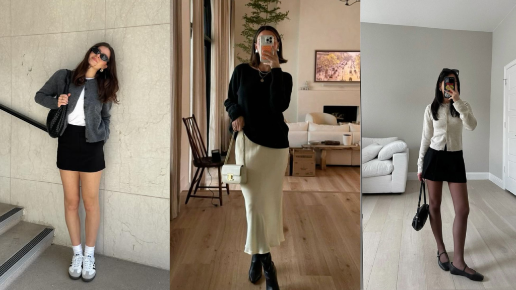 cardigan-com-saia Dependendo do tamanho da saia, o cardigan garante mais elegância ou conforto