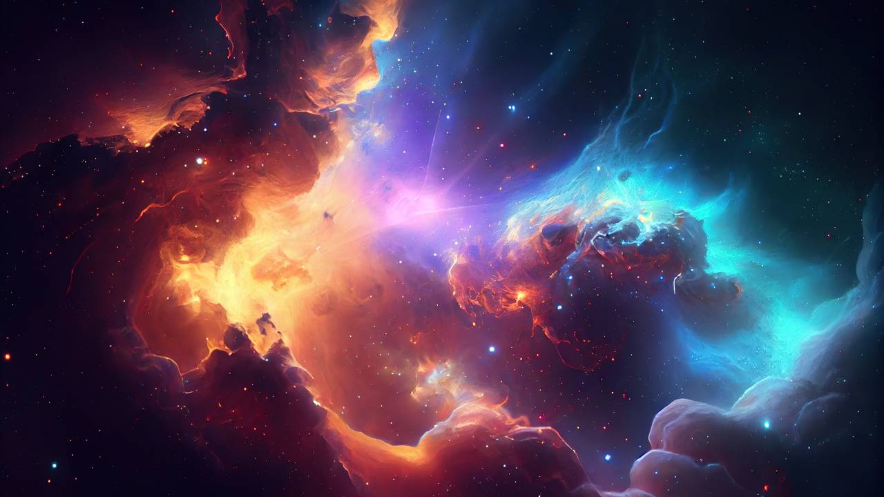 Galáxia colorida, com nuvens e nebulosas nas cores laranja, rosa, azul, roxo e amarelo.