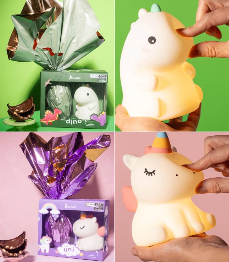 ovos-pascoa-infantis-populares-biscoite Ovos de Páscoa da linha infantil da Biscoitê vêm com luminária de dinossauro ou unicórnio