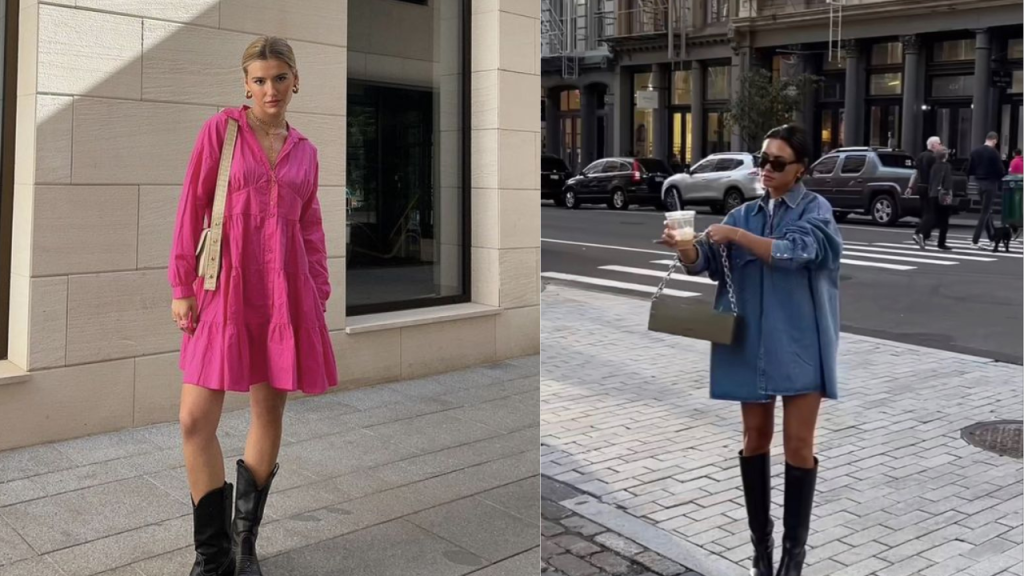 vestido-e-bota Vestido e bota são uma dupla excelente para as mudanças de temperatura
