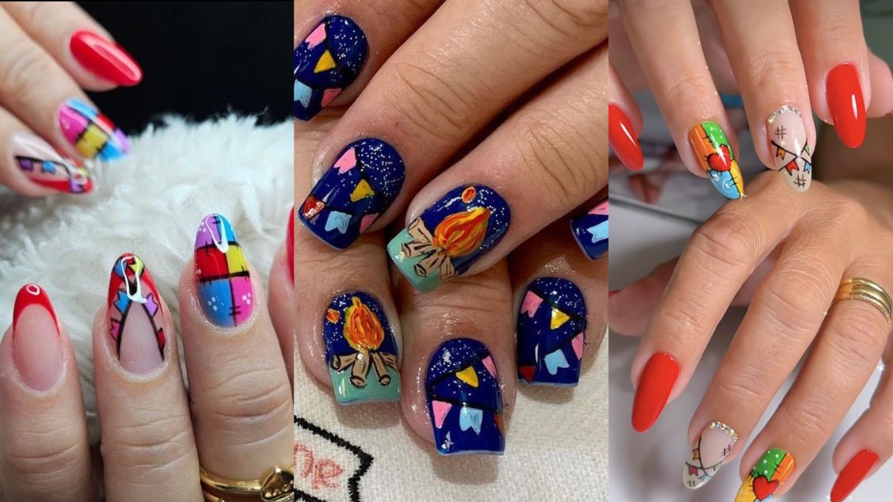 Três fotos de unhas decoradas com tema de festa junina