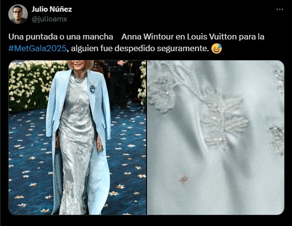 anna-wintour-mancha-no-vestido Usuário do X (antigo Twitter) apontando a mancha no vestido de Anna Wintour.