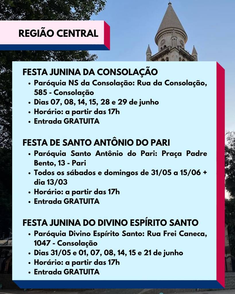 Algumas das festas juninas em igrejas da região central de São Paulo em 2025