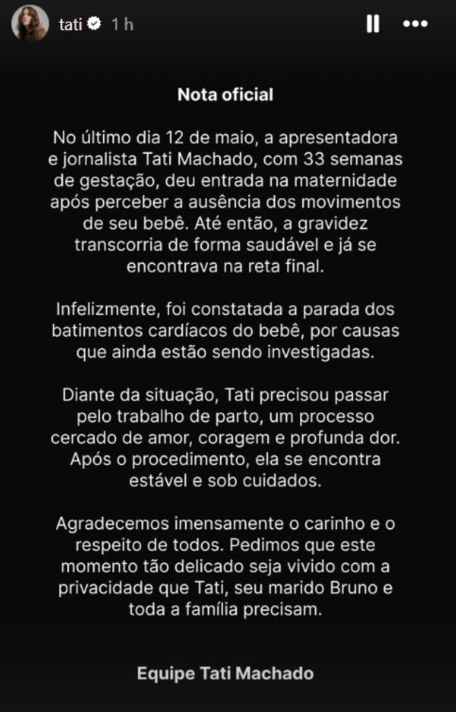 pronunciamento-tati-machado Equipe de Tati Machado postou o pronunciamento nas redes sociais sobre a perda do bebê