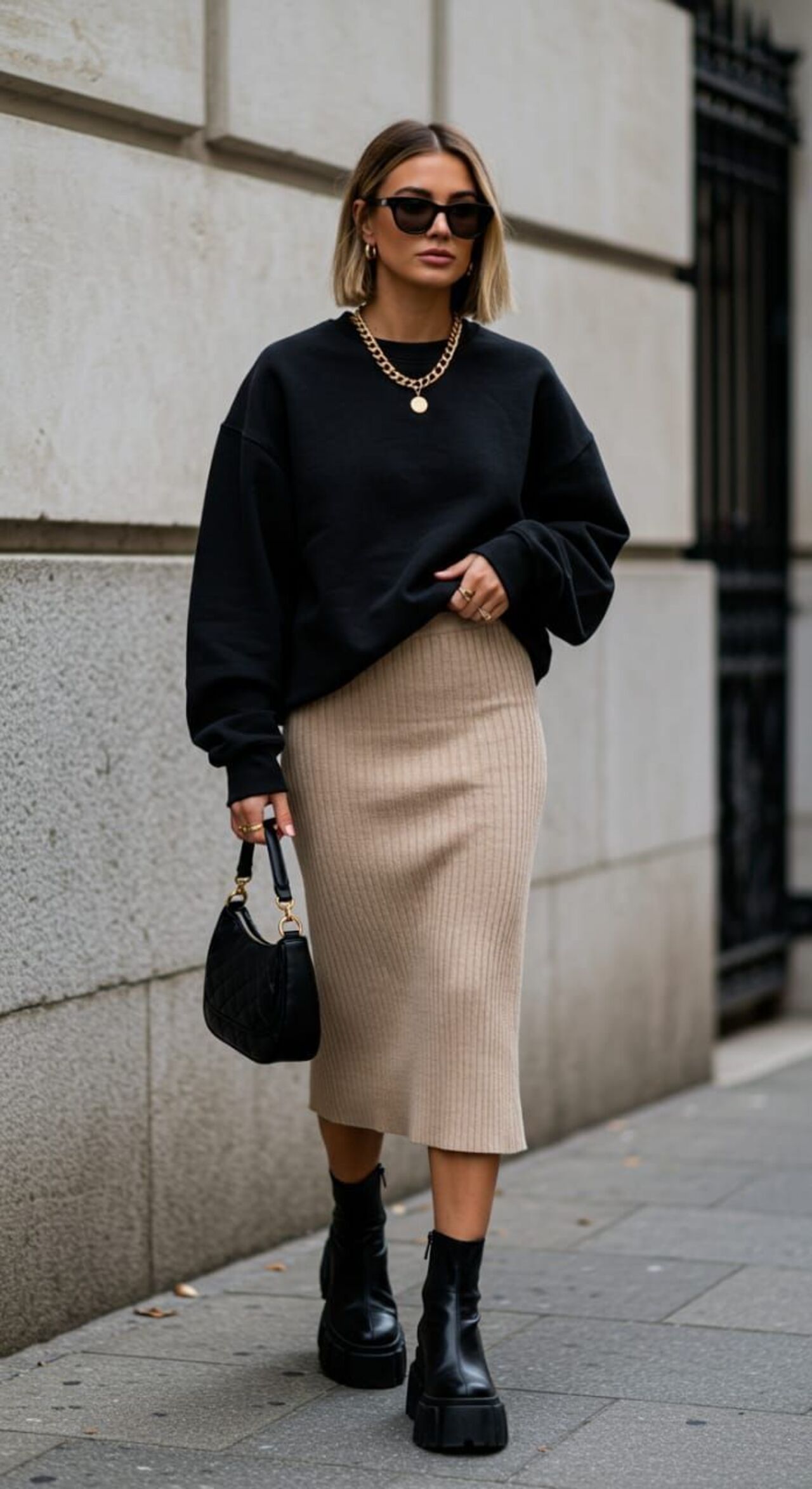 Visual com moletom, saia bege e bota tratorada