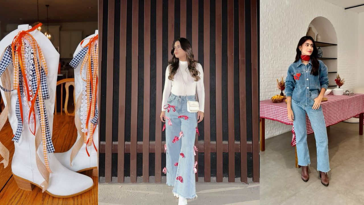 Três imagens: bota com fitas, mulher com calça com fitas e mulher com conjunto jeans customizado.