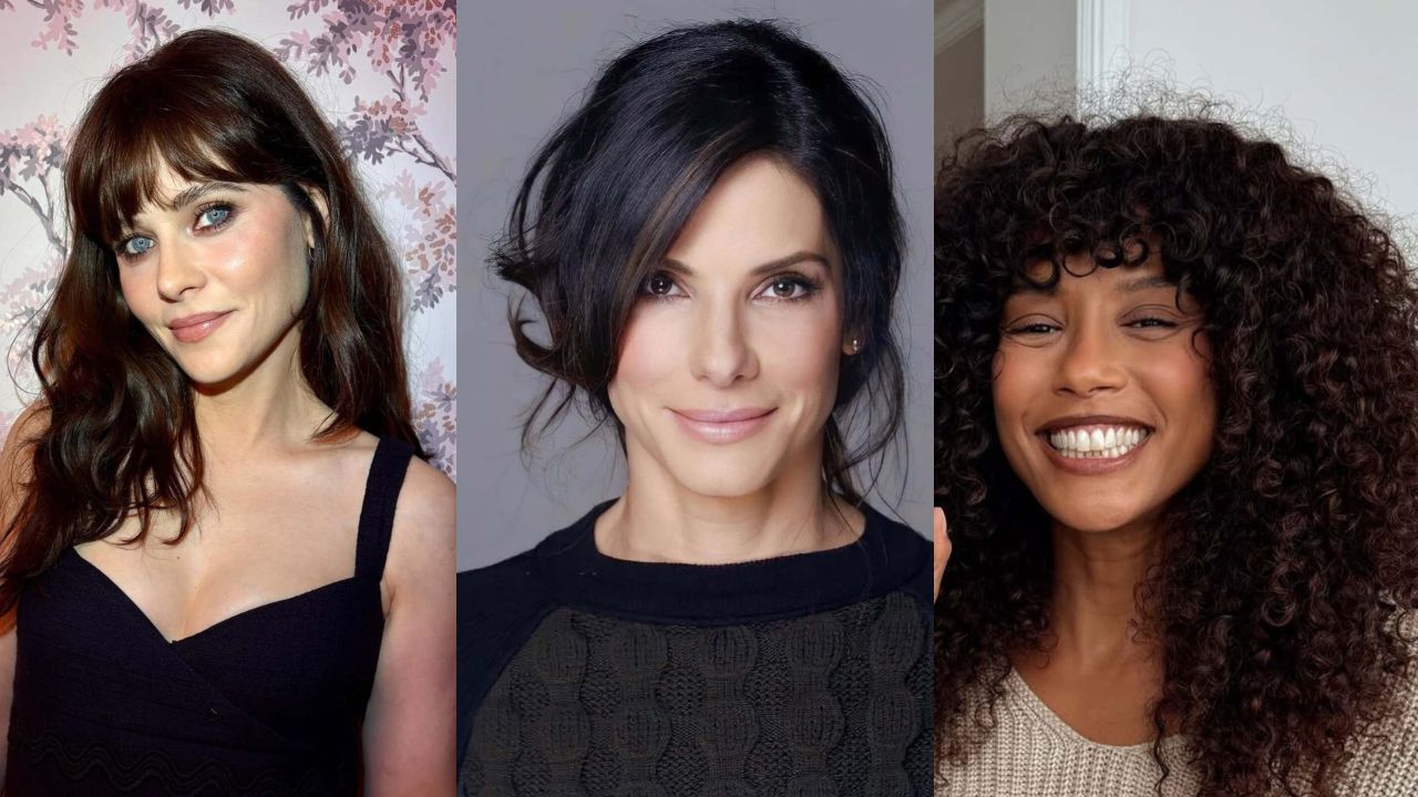 Três imagens exibem mulheres maduras com três tipos diferentes de franja.