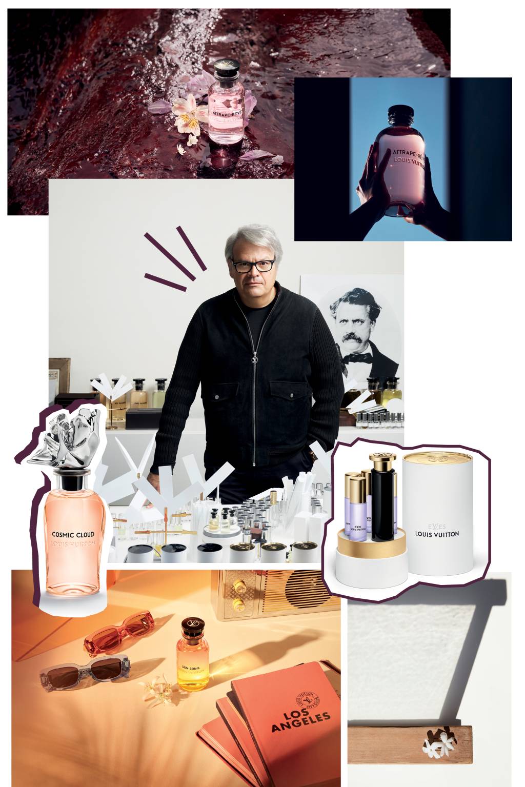 perfumes-louis-vuitton (2) Colagem com imagens de perfumes da Louis Vuitton e uma foto de Jacques Cavallier Belletrud em volta de suas criações