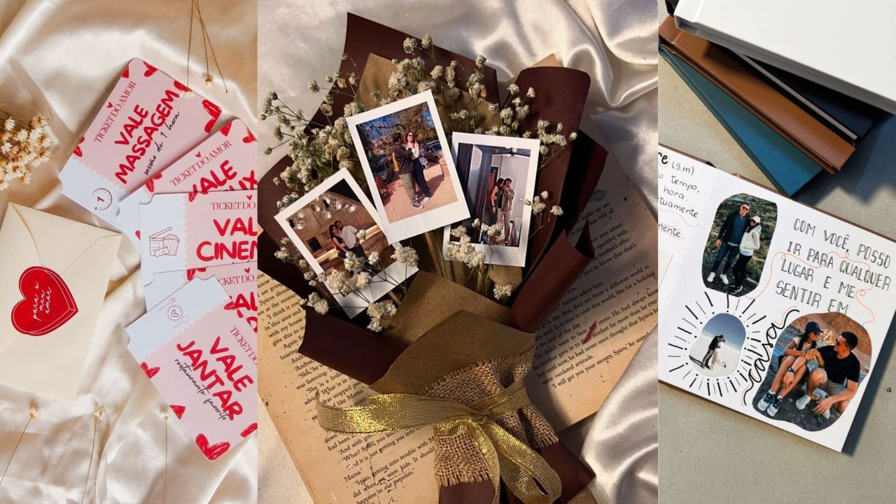 Três imagens de presentes feitos à mão para o Dia dos Namorados