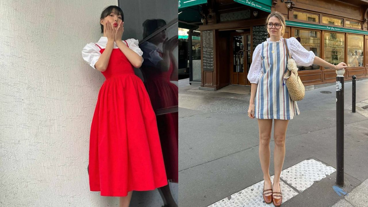 Duas imagens de mulheres usando vestidos como sobreposi&ccedil;&otilde;es de camisas com mangas bufantes.