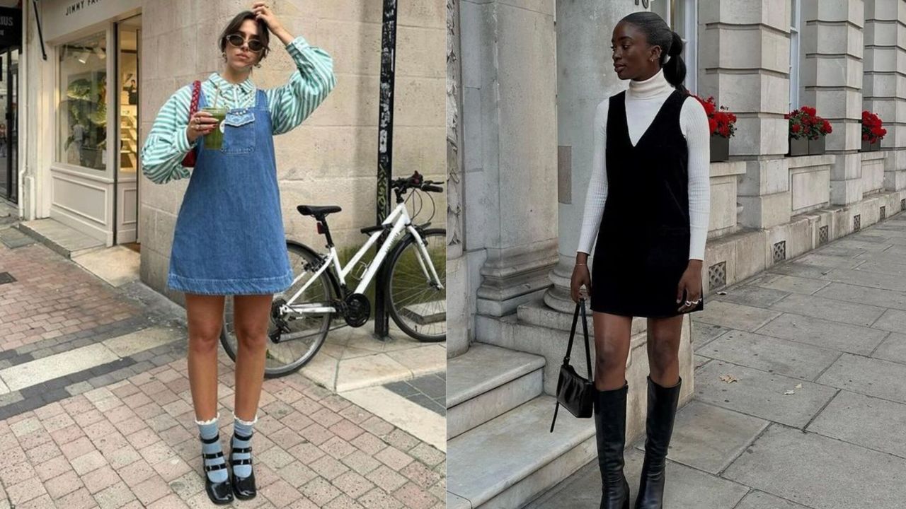 Duas imagens de mulheres usando vestido como sobreposi&ccedil;&atilde;o em composi&ccedil;&otilde;es que apresentam golas diferentes (gola francesa e decotada; gola alta e em V).