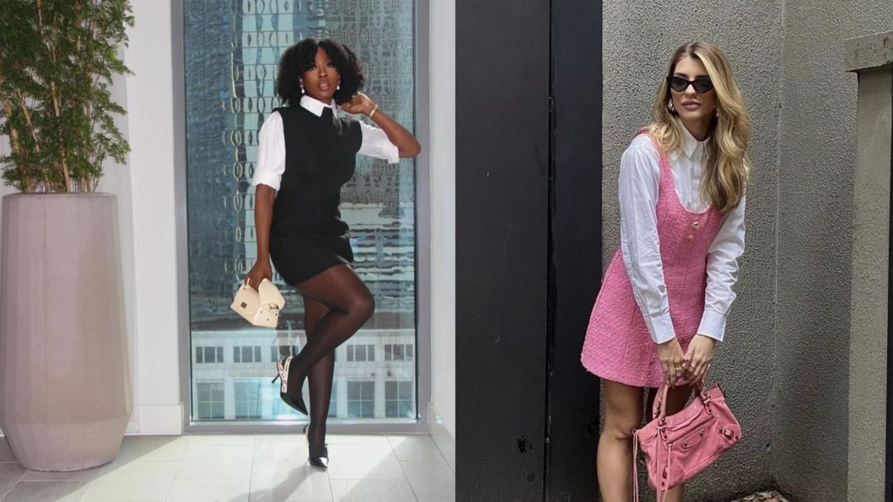 Imagem de duas mulheres usando camisa social branca e vestido preto e rosa, respectivamente.