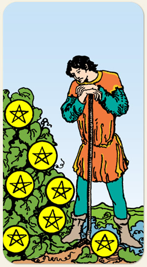 tarot-carta-sete-de-ouros Ilustração da carta 'Sete de Ouros', carta regente no tarô da semana.