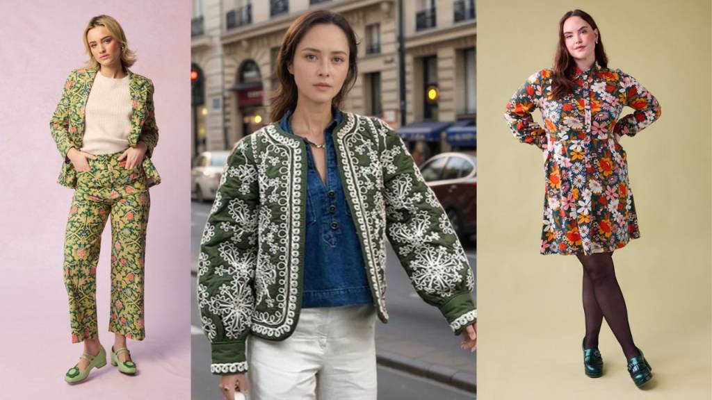tendências-de-inverno Imagem de três mulheres usando roupas com estampas vintage representando as tendências de inverno