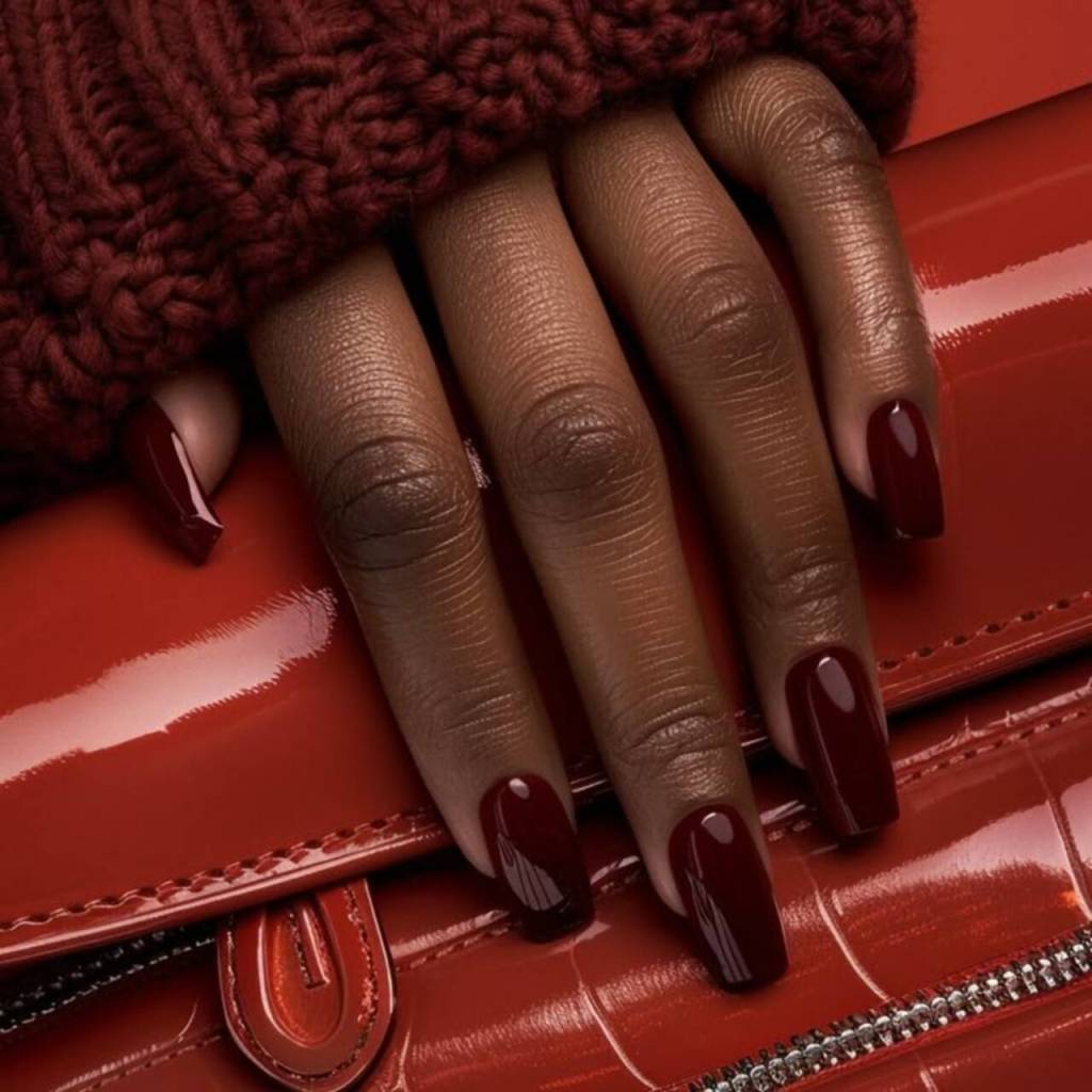 tons-unhas-inverno (7) Imagem de mão branca com unhas quadradas com esmaltação vinho.