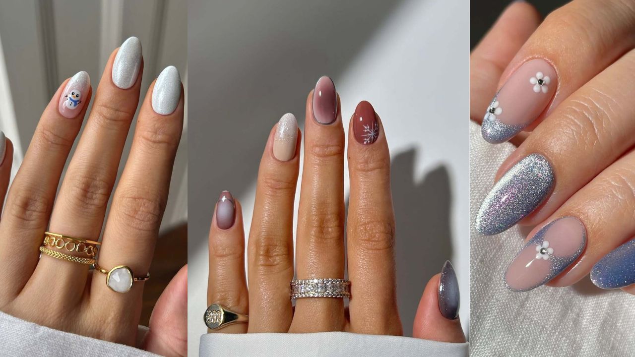 Três imagens mostram unhas com designs temáticos para o inverno.