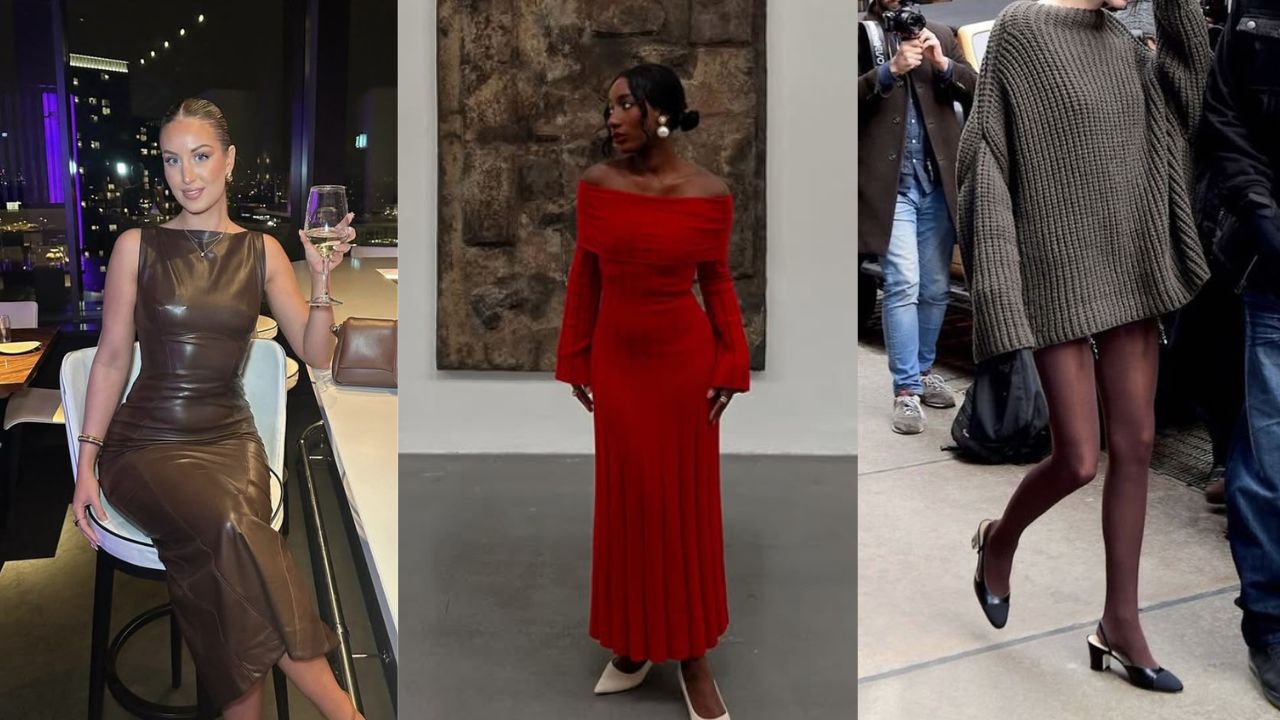 Três fotos de mulheres em diferentes ocasiões utilizando vestidos para o inverno