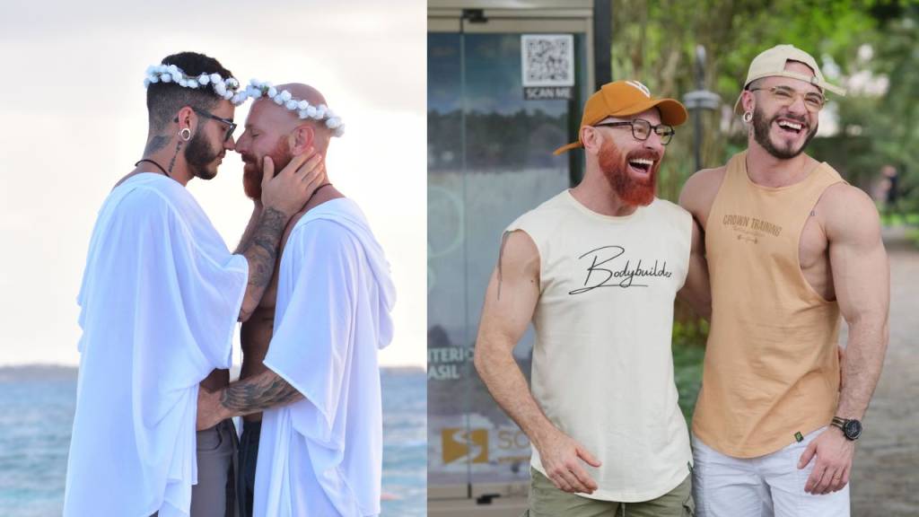 Duas imagens de um casal de homens representando o amor durante o câncer