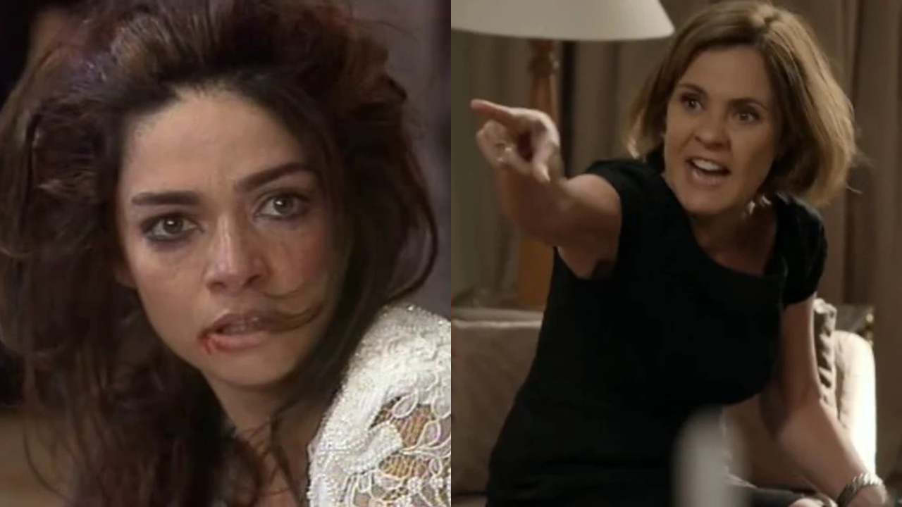 Claudia Ohana apanha em novela, à esquerda. Adriana Esteves briga com a filha em Babilônia, da Globo, à direita.