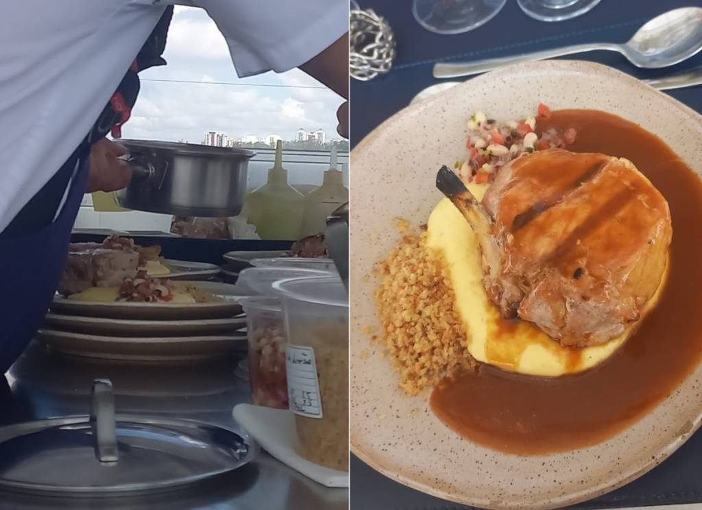 Pratos são finalizados na própria plataforma, como este prime rib suíno defumado com polenta aligot com parmesão, vinagrete de feijão fradinho com pimenta de cheiro, farofa crocante e molho roti, prato principal servido no almoço do Dinner in the Sky