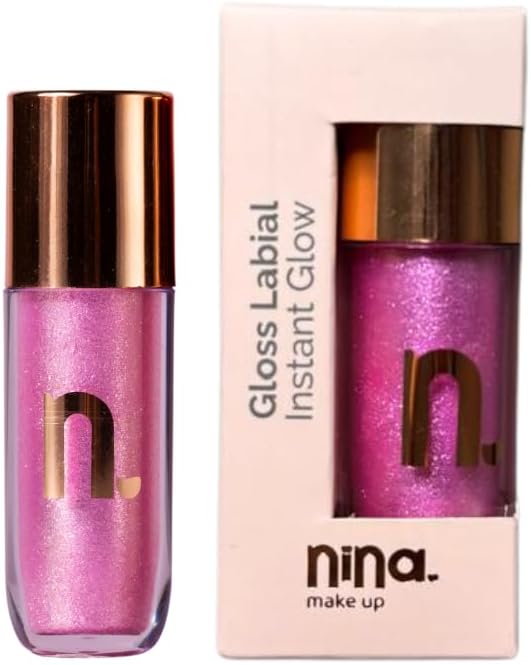 Imagem de gloss rosa cintilante da marca Nina Makeup.