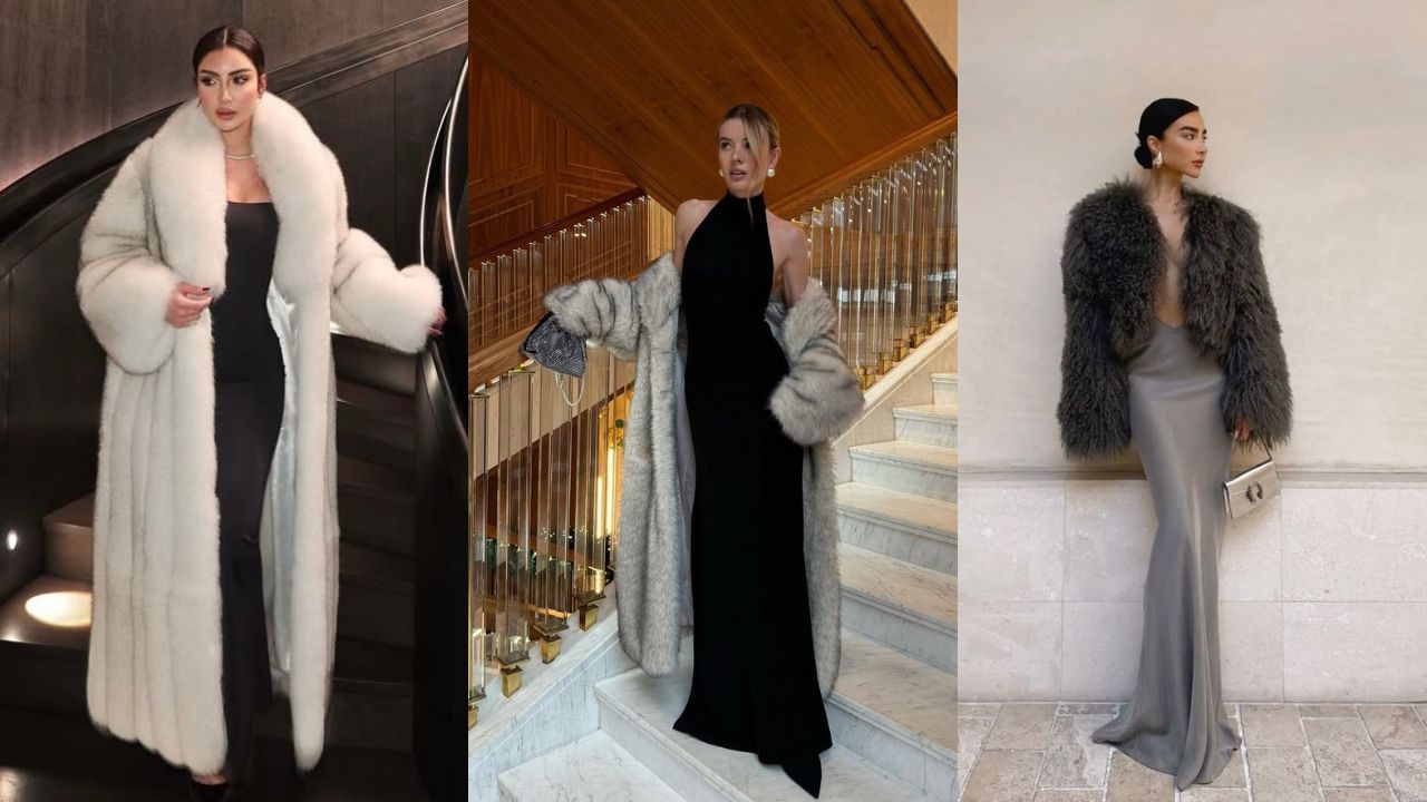 Tr&ecirc;s imagens de mulheres vistas de frente usando looks com casaco de pele fake para o inverno