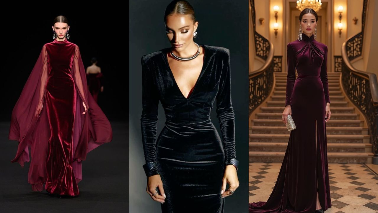 Tr&ecirc;s imagens de mulheres vistas de frente usando vestidos de veludo para o inverno