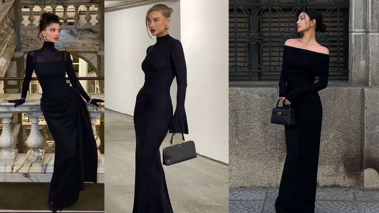 Tr&ecirc;s imagens de mulheres vistas de frente usando vestidos com manga longa para o inverno