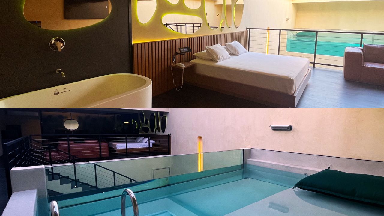 Imagens da piscina e da cama do motel Lush representando mot&eacute;is n&atilde;o convencionais