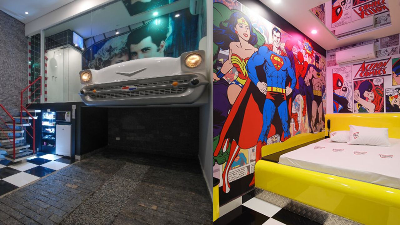 Imagens da garagem e da cama do motel Adventure representando mot&eacute;is n&atilde;o convencionais