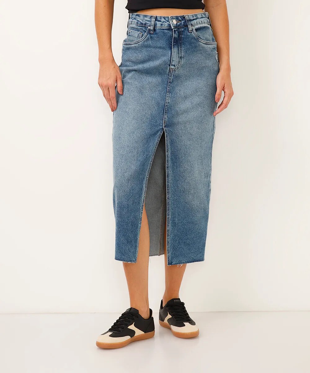 Saia midi jeans com fenda