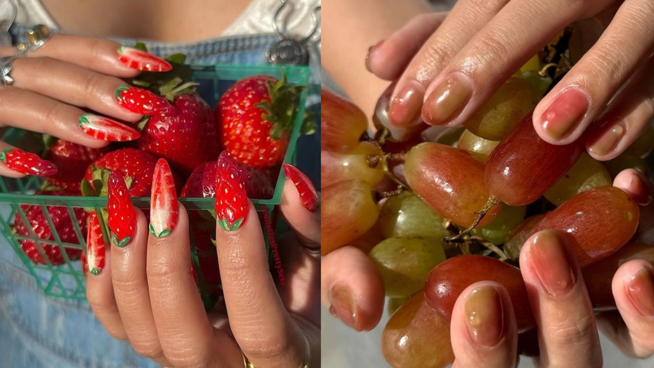 Imagens mostram unhas com nail art inspiradas em frutas.