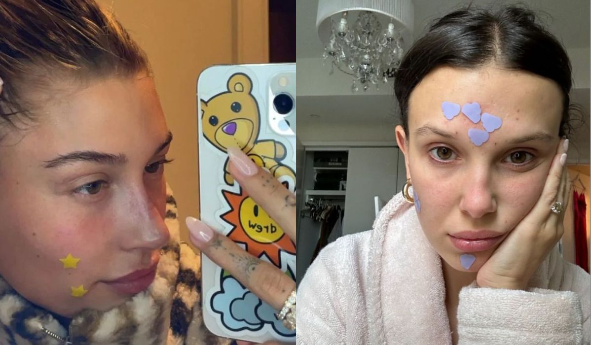 Duas imagens mostram Hailey Bieber e Millie Bobby Brown usando adesivos para espinha.