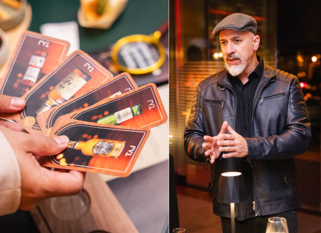 O mixólogo Pablo Moya, desenvolvedor do método para o TAJ, explica como consultar os cards com as informações de cada rótulo de uísque