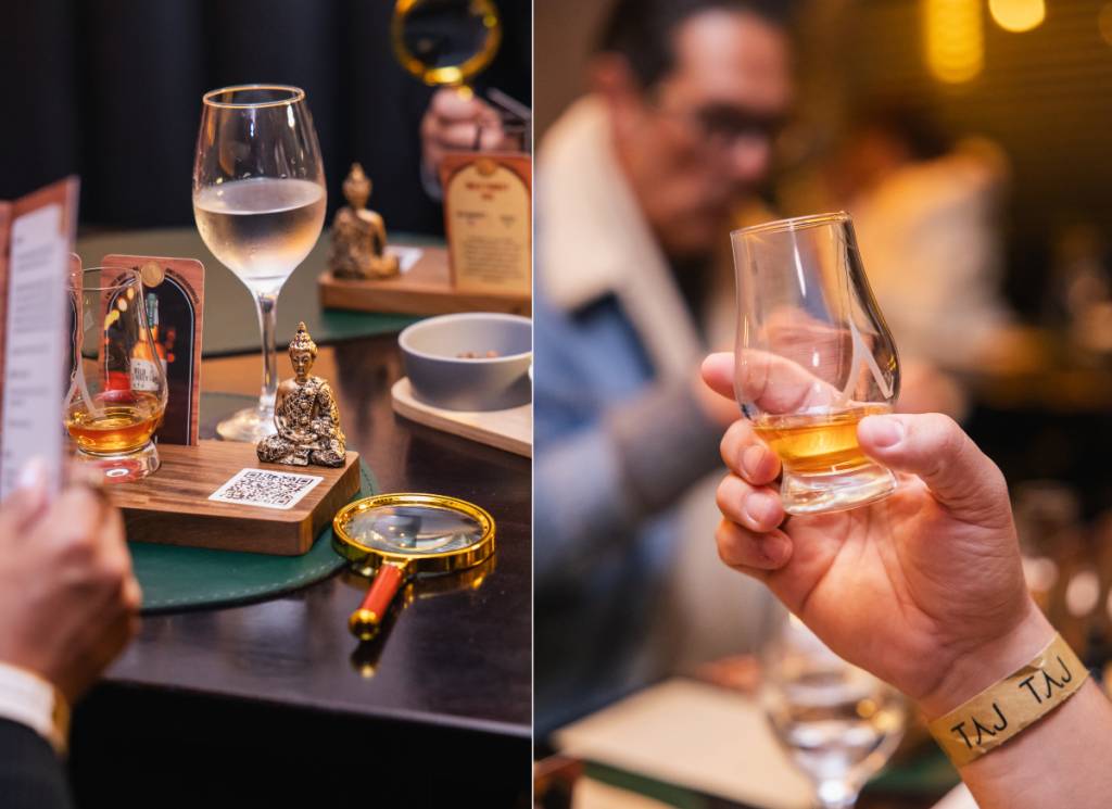 Lupa para ler os rótulos escolhidos e taça com 25 ml de uísque