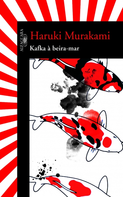 Capa do livro "Kafka à beira-mar". Mostra dois peixes pretos, vermelhos e brancos. Representa um dos livros para ler antes de dormir