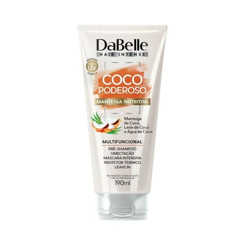 Embalagem de manteiga capilar da marca DaBelle. Ela é branca com detalhes em laranja