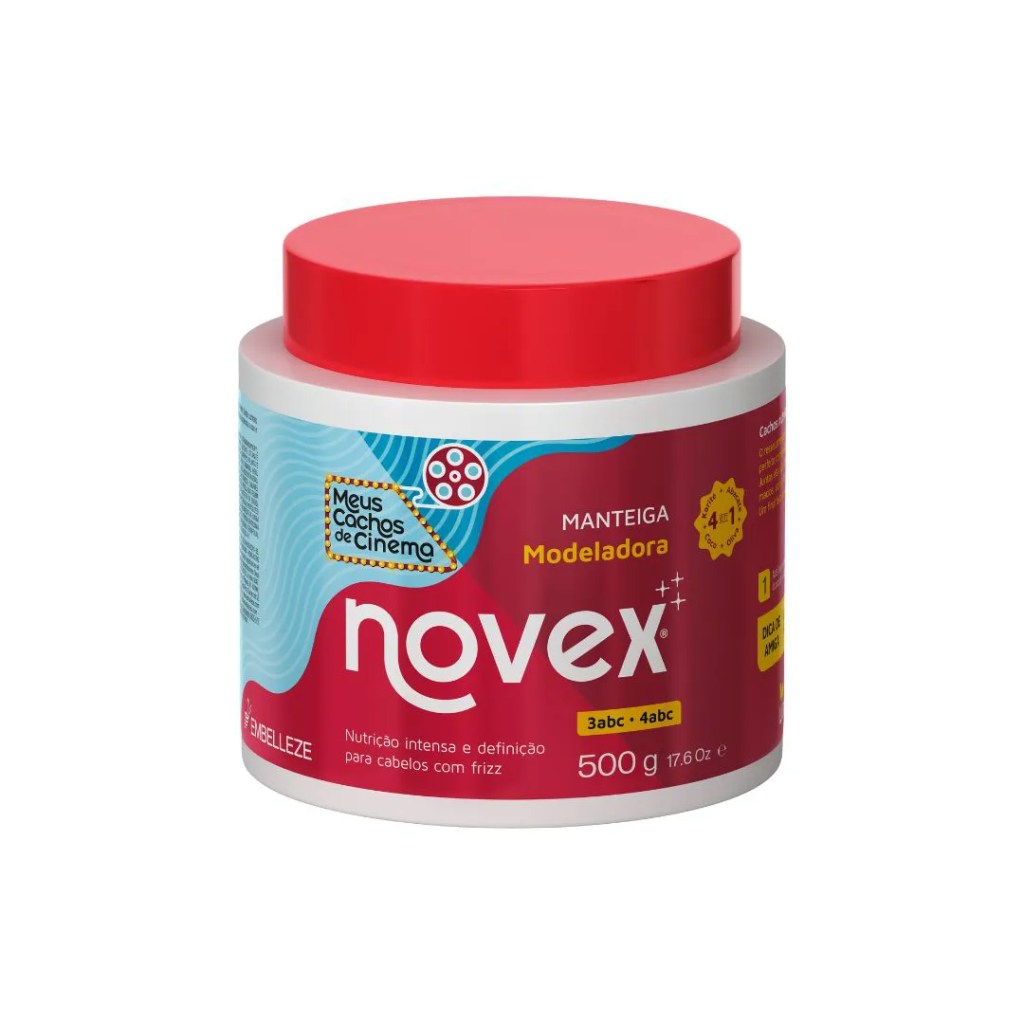 Embalagem de manteiga capilar da marca Novex. Ela é vermelha e azul