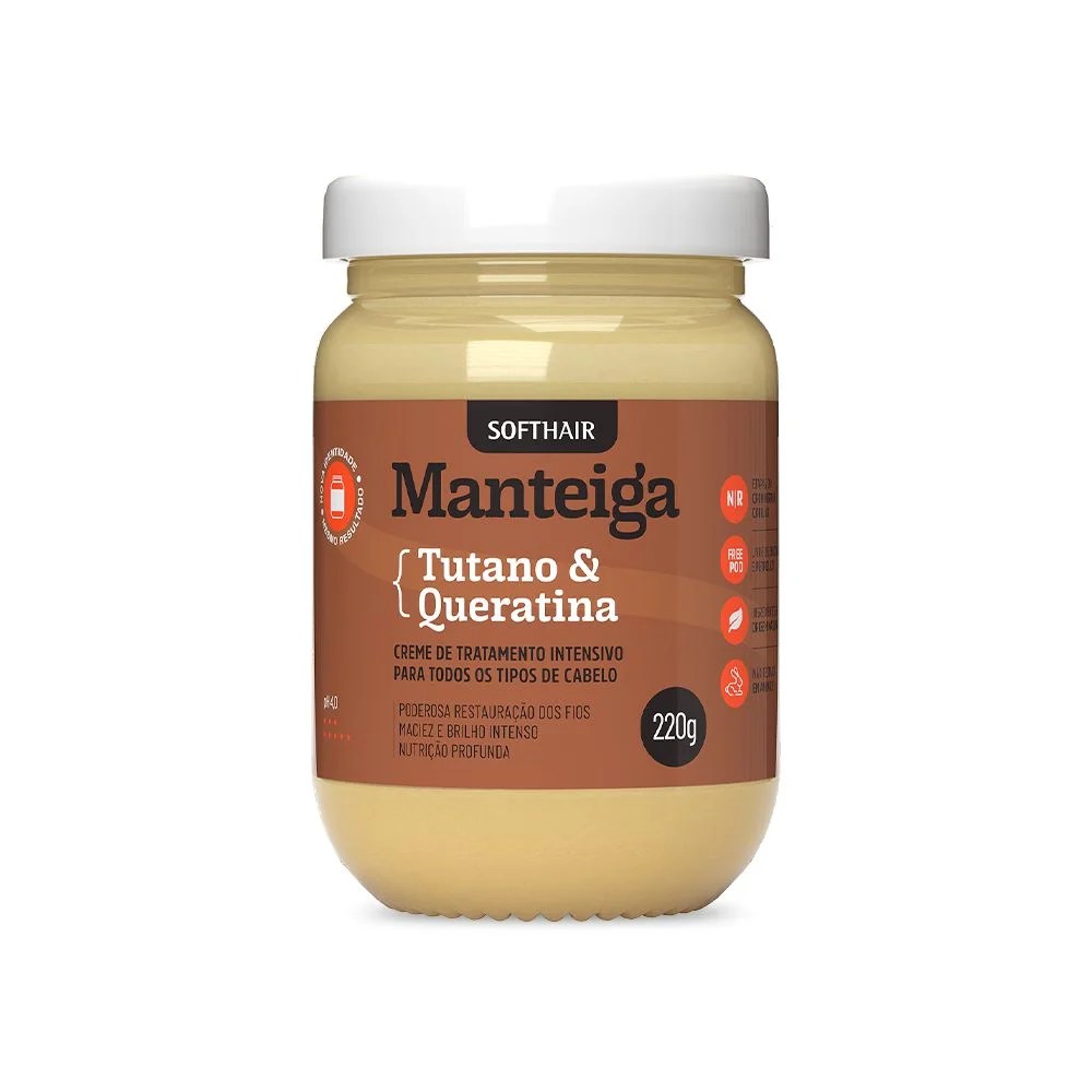 Embalagem de manteiga capilar da marca Soft Hair. Ela é transparente e marrom, com laranja.
