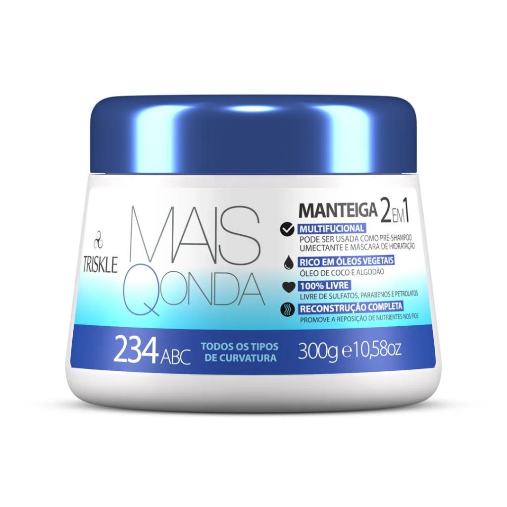 Embalagem de manteiga capilar da marca Triskle. Ela &eacute; branca com detalhes em azul