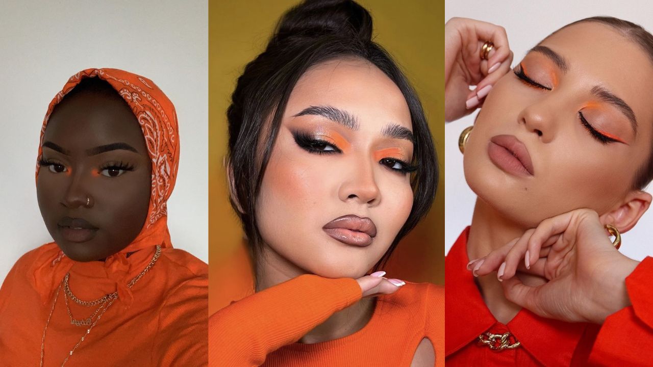 Tr&ecirc;s fotos de mulheres com pequenos detalhes laranja na maquiagem do olho