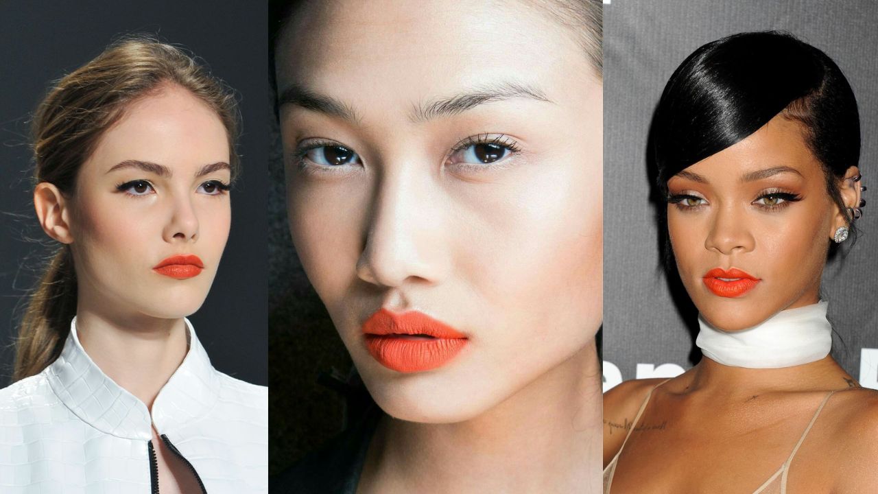 Tr&ecirc;s imagens de mulheres vistas de frente usando batom laranja