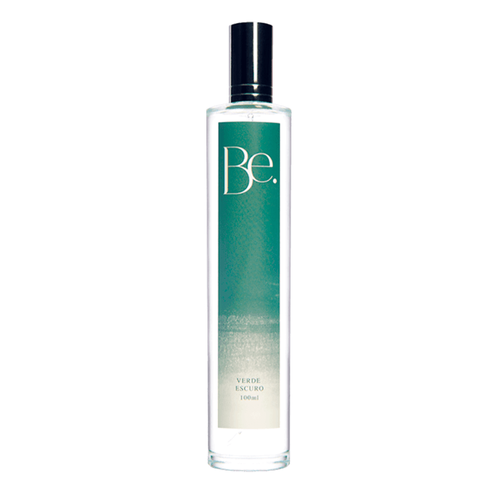 Embalagem de perfume unissex da Be. Colônias. Ela é transparente com detalhes em verde