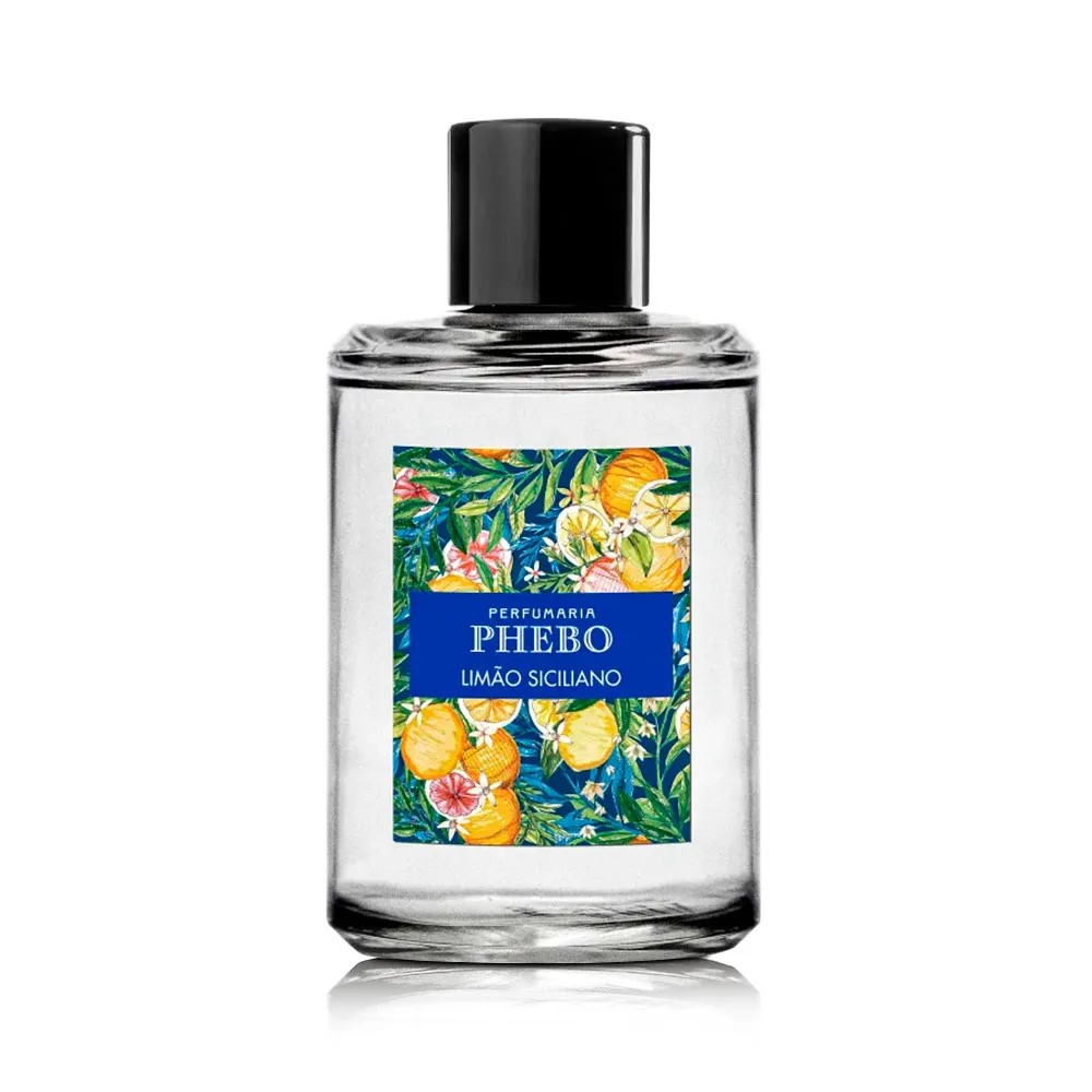 Embalagem de perfume unissex da Phebo. Ela é transparente com detalhes em verde, laranja e azul