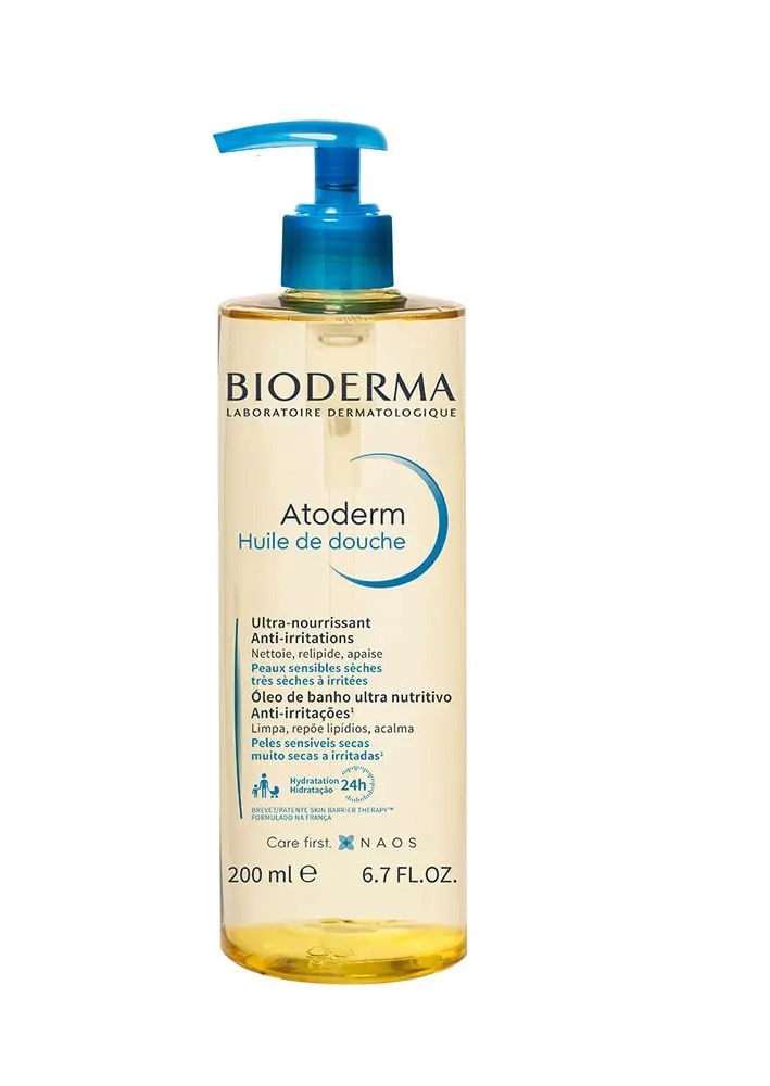 Embalagem de sabonete em óleo da Bioderma. Ela é amarela com detalhes em azul