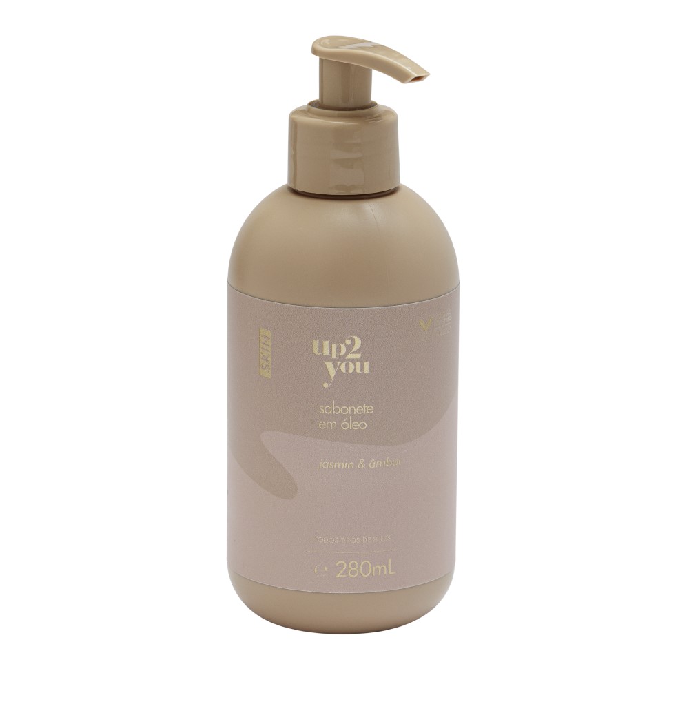 Embalagem de sabonete em óleo da Up2you. Ela é bege com detalhes em dourado