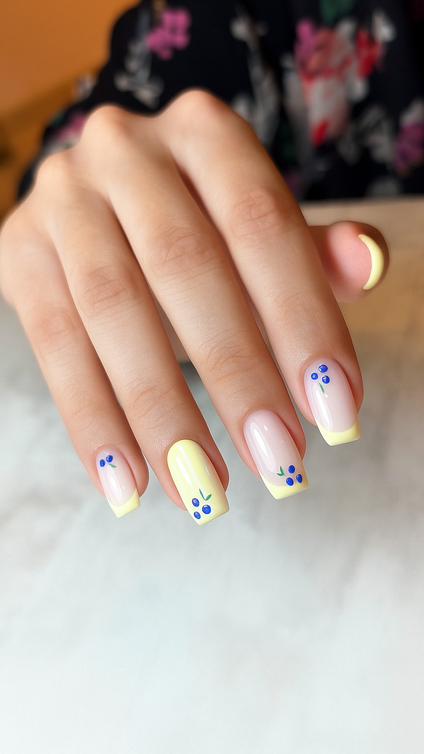 Francesinha amarela com nail art delicada