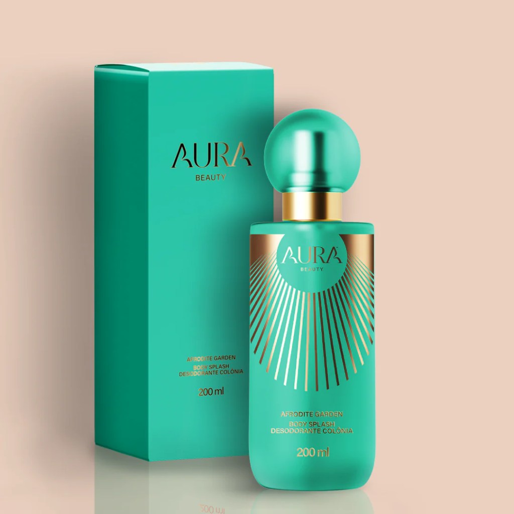 Foto do body splash da Aura Beauty. A embalagem &eacute; turquesa